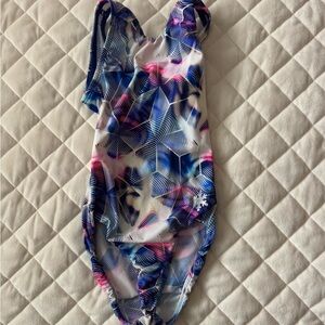 Abstract Wave Print One-Piece Leotard - Pink & Blue